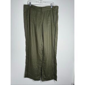 Basler Women’s Wide Leg Linen Pants Cutwork Detail Along The Leg Olive Sz L*Note